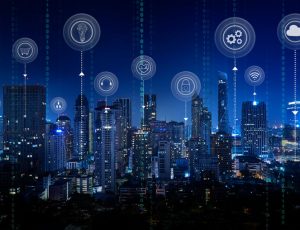 Smart city with smart services and icons, internet of things, networks and augmented reality concept ,Bangkok city night scene.